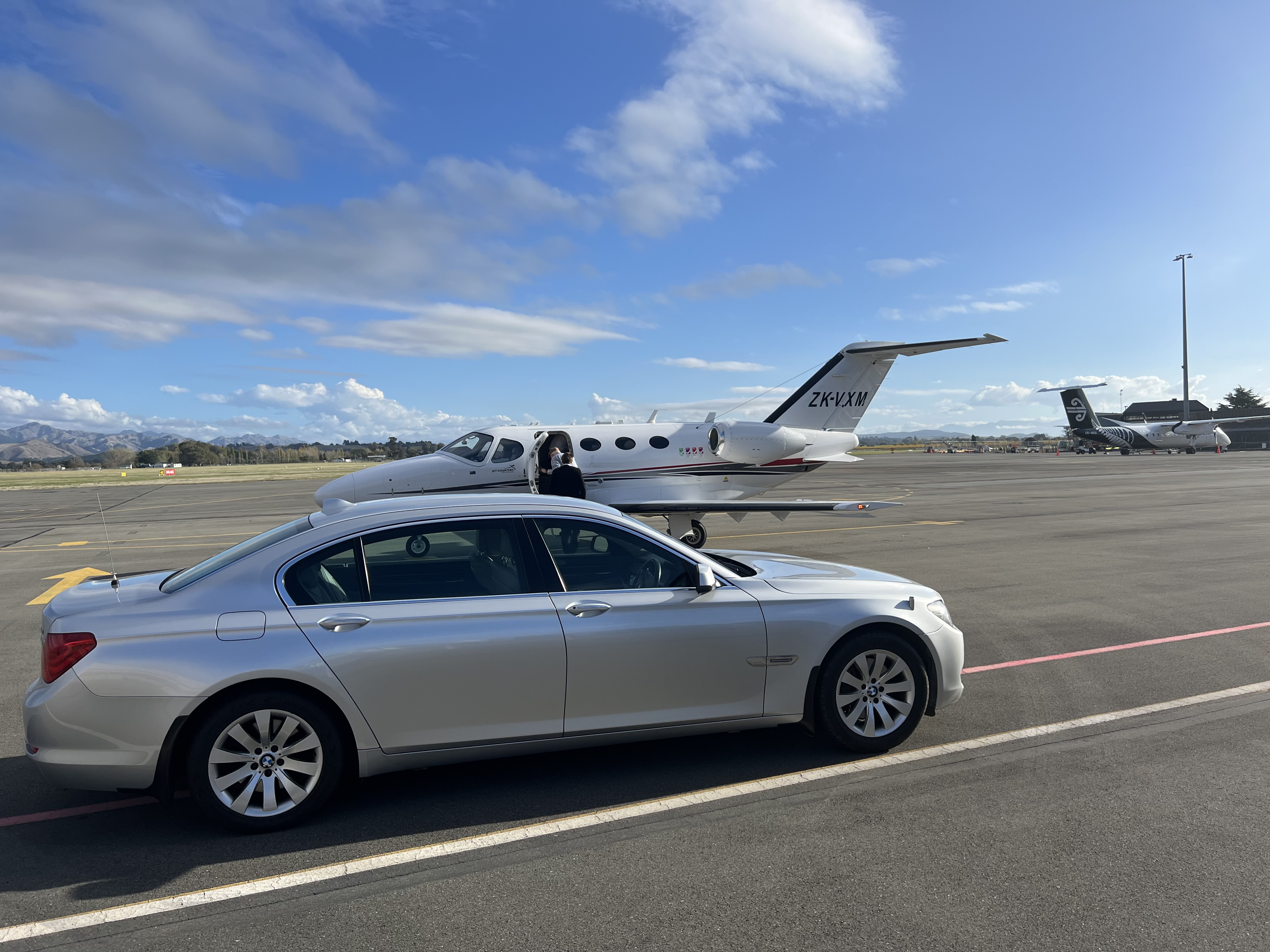 Silver Wing Limousine at Blenheim Airport with private jet